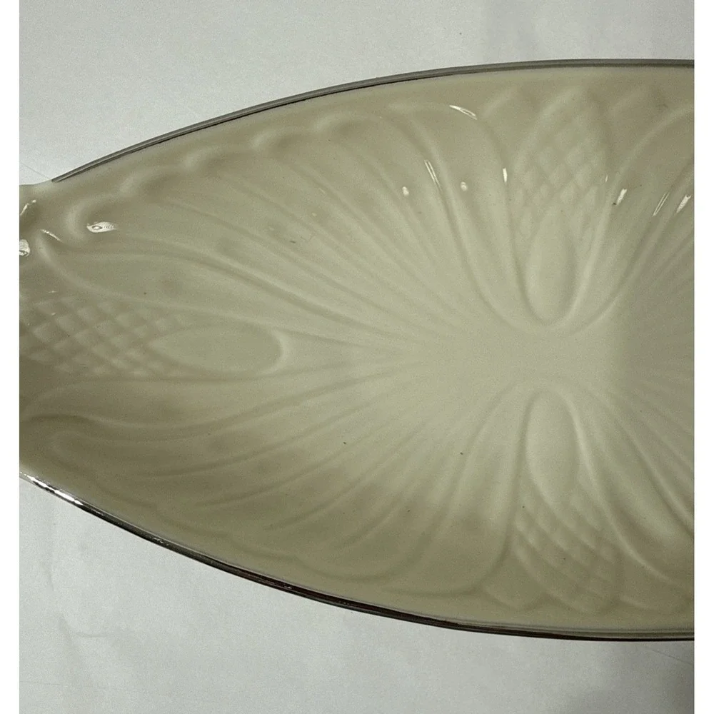 Lenox MONACO SPECIAL Embossed Cream Silver Trim Handled Long Relish Serving Dish